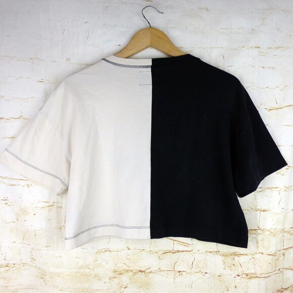 CHNGE T-Shirt Women S Black Ivory Split Butterfly Crop Boxy Two-Tone Sustainable - Picture 2 of 11